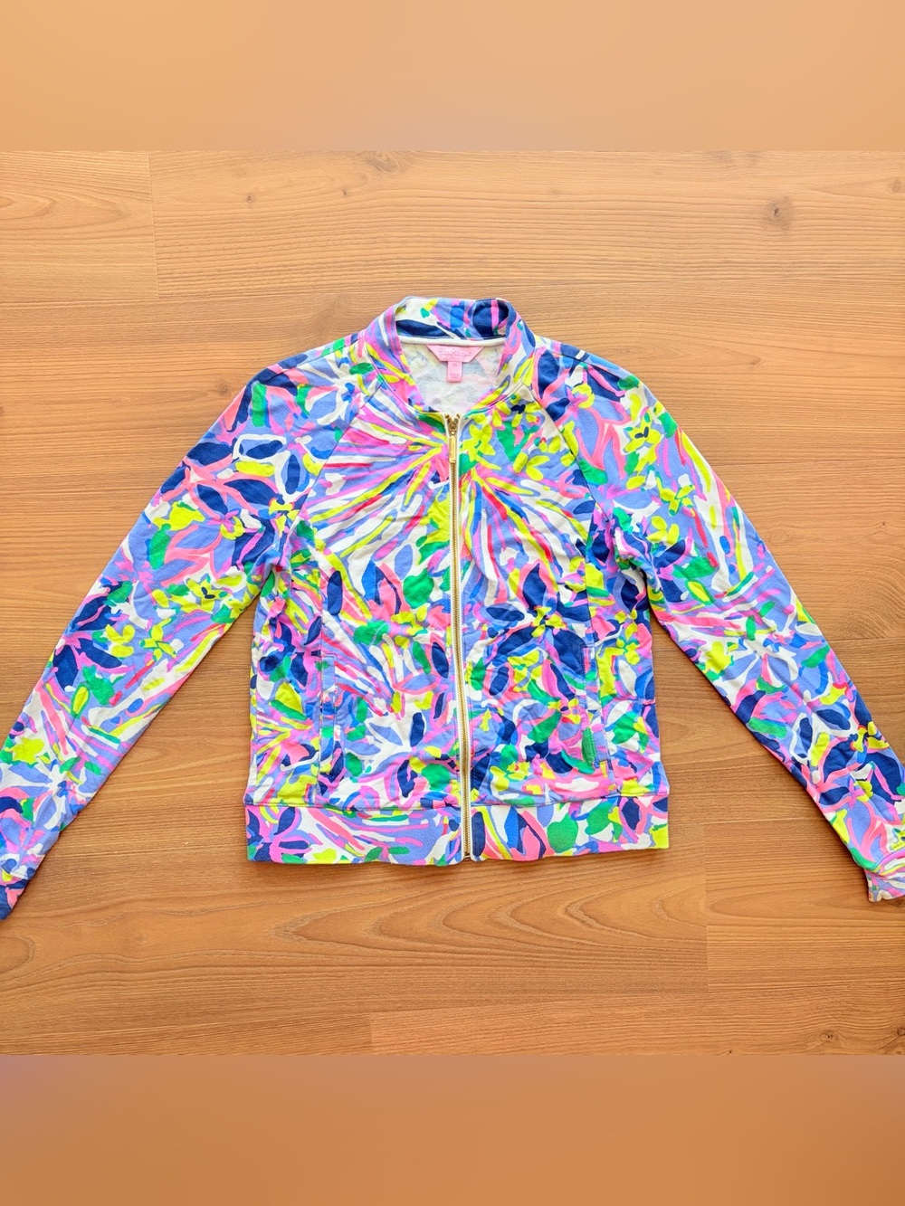 Lilly Pulitzer Havin a Blast Bomber Zip Up Jacket Pink Green Blue Floral XS